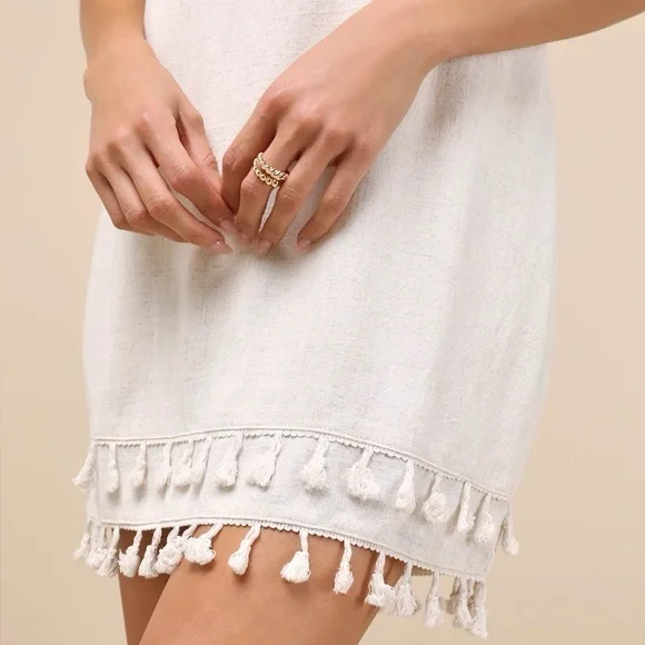 NEW Lulus Feel the Sunshine Light Beige Linen Tassel Mini Dress SZ SMALL - Picture 7 of 7